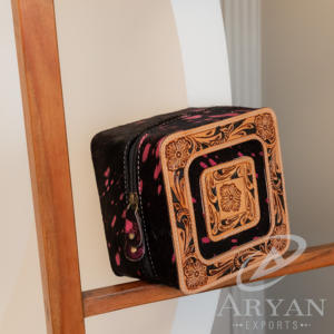 Western Hand Tooled Leather Jewelry Case Hair on Metallic Genuine Leather Jewelry <b>Safe</b> Holder High Quality Women's Jewelry Box - Product Image 3