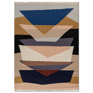 Alfombra Rectangular de Viscosa y Lana Tejida Plana Azul Indusbar SDWL-807, Estilo Kilim, Geométrica, para Sala de Estar, Pasillo, Hogar - Product Image 1