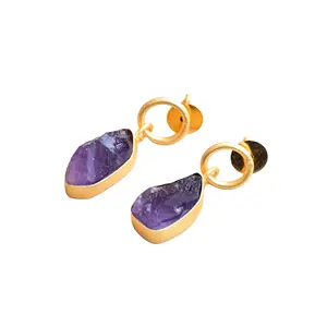 Wholesale Natural gemstone dangle drop earrings Small Amethyst gold plated handmade jewelry Unisex piercing post earrings design