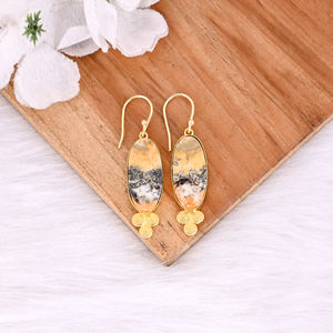 Bumble Bee Jasper Dangle Boucles d'oreilles Femme Classique Bohème Jaune Plaqué Or Laiton Bijoux Ovale Pierres Précieuses Bijoux - Product Image 2