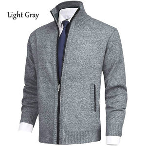 Nouveau Mode Hommes Automne Hiver Col Montant Tricot Couleur Unie Fermeture Éclair Extérieur Moto Veste Toile Casual Tops Manteau Pull - Product Image 2