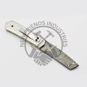 มีดพกพับเหล็กดามัสกัสทำด้วยมือสำหรับ100% ความหนา4มม. ด้ามจับทองเหลืองปรับแต่งได้สำหรับการล่าสัตว์ - Product Image 4