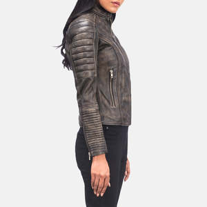 Adalyn Ladies Quilted Distressed Brown Leather Biker <b>Jacket</b> Winter <b>Western</b> Bomber Style Fringed Custom Polyester Cotton XL - Product Image 2