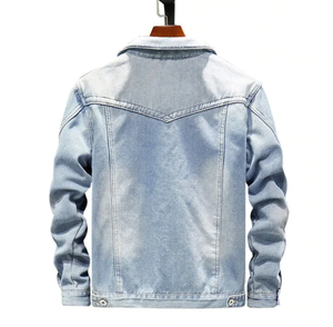 Chaqueta vaquera elástica larga hecha a medida para hombre, chaqueta vaquera lisa de invierno azul de algodón para hombre de talla grande - Product Image 2