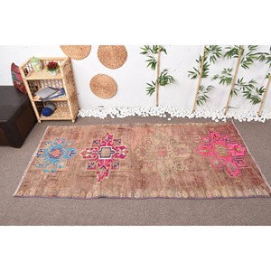 Vintage Brown Pink Geometric Wool Rug 3.6x7.9ft Rectangle Patchwork Design for Bedroom Decoration Latex Backing Jute Material - Product Image 2