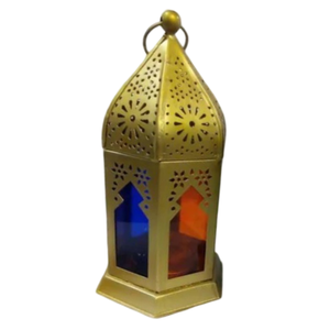 Pure Brass <b>Vintage</b> Embossed <b>Lantern</b> With Multi Color Glass & Polish Finished For Tabletop Decor Arabic <b>Lantern</b> For Decoration - Product Image 1