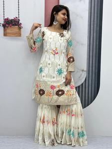 FabZone dernier concepteur lourd Faux Georgette broderie séquence travail Sharara costume filles haute fête de mariage Sari Salwar - Product Image 3