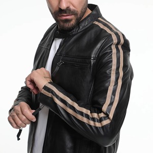 Chaqueta de Motociclista de Cuero Marrón para Hombre, Estilo Café Racer, con Paneles en los Hombros, Rayas Dobles en los Brazos, Cierre de Cremallera Delantero, Corte Ajustado - Product Image 6