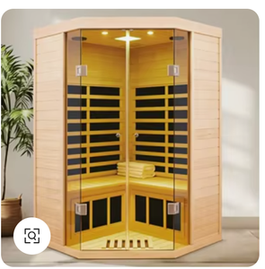 Sauna Angolare Tradizionale in Legno di Hemlock con Infrarossi Lontani per Interni - Product Image 1