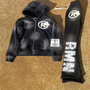 Streetwear Custom Acid Wash <b>Embroidery</b> Rhinestone Zip Hoodie Sweatpants Jogger <b>Set</b> Unisex Regular Fit Winter Maternity - Product Image 4