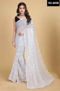 Saree en georgette indien avec belle séquence de fil et bordure de passepoil comprend un chemisier uni en soie mono - Product Image 5