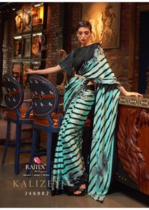 Détails du tissu italien Crape satin soie impression numérique moulin créateur Saree avec contraste Blouse fête vêtements traditionnels - Product Image 3