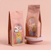 Sachet à soufflet latéral imprimé dessin animé personnalisé avec fenêtre transparente, thermoscellable de qualité alimentaire, à fond plat, pour bonbons et snacks de Pâques