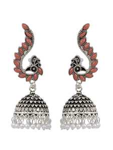 Boucles d'oreilles chandelier Jhumka Design paon rose moderne bonne qualité plaqué argent oxydé GONASIKA fabriqué en Inde pour les femmes - Product Image 2