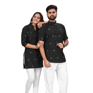 Khadi Cotton Short Kurta y Top Set con patrón impreso para parejas Fiestas colección - Product Image 1