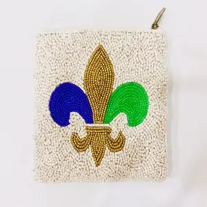 Elegant Mardi Gras Fleur De Lis Glass Beaded Coin Purse Handwork Mardi Gras 2023 Parade Stylish Suppliers Storage Beaded Wallet