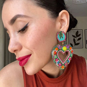 Boho <b>bead</b> earrings with turquoise design andy cascading <b>fringe</b>, unique jewelry gift - Product Image 1