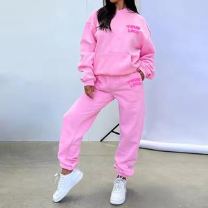 Manufacturers OEM Custom Logo Embroidery Emboss Fleece <b>Pink</b> 3D Puff Print Pullover Oversized <b>Hoodie</b> and Joggers Tracksuit - Product Image 2