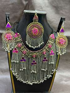 Traditional Afghan Kuchi Tribal Jewelry Set Handmade Ethnic <b>Necklace</b> & Earrings with Colorful Glass Inlay <b>Coins</b> for Weddings - Product Image 3