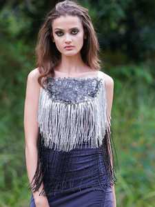 Robe de soirée pour adolescentes, col montant, taille naturelle, mini, à franges, avec soutien-gorge intégré, 100% polyester, été, noir - Product Image 4