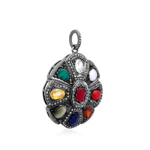 Diamant naturel taille rose oxydé 925 argent Navratna pendentif en pierres précieuses bijoux indiens fins en gros pendentif unisexe - Product Image 3