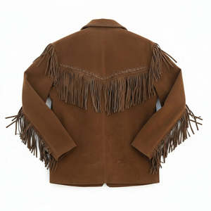 Men's Brown <b>Suede</b> Cowboy Leather <b>Jacket</b> With Fringe Turn-down Collar Casual Autumn Wear Regular Fit - Product Image 4