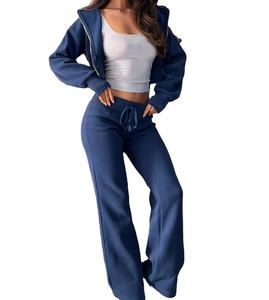 Women's Solid Color Long <b>Sleeve</b> Cropped Sweatshirt Drawstring Waist Sweatpants Ladies Hoodie Set Winter <b>Short</b> Two-Piece - Product Image 1