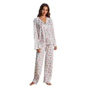 Manufacturer Rural Style Printed Long Sleeve Loose Pajamas Night Shirt and Pants 2 Pieces Women's Sleepwear Sets