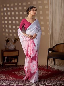Sari de Seda con Estampado Floral Degradado Magenta Elegante al por Mayor, Lujoso Satén Suave, Ropa Tradicional India para Mujer, Invierno y Verano - Product Image 3