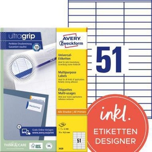 เอเวอรี่ ซเว็คฟอร์ม อัลตร้ากริป 70 X 16.9 มม. ป้ายกระดาษสีขาวแบบไม่สามารถถอดออกได้ สำหรับสำนักงานทั่วไป 5100 ชิ้นต่อแพ็ค - Product Image 1