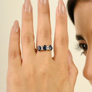 Anillo de Tres Piedras de Zafiro Azul y Diamante 100% Auténtico, Diseño Elegante OEM ODM, Nuevo Diseño, Joyería de Oro Real de 14K - Product Image 4