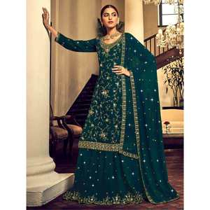 Magnifique costume Lehenga en georgette vert sarcelle brodé pour les mariages - Product Image 4