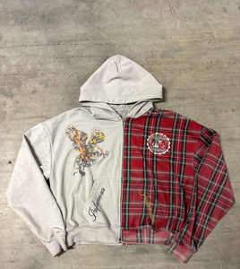 Sudadera con capucha con estampado personalizado de fabricante al por mayor, logotipo impreso a cuadros, bordado de gran tamaño, recortada, 2 tonos, chaqueta con cremallera para hombre - Product Image 4