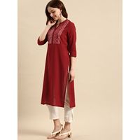 Kurta de travail rouge en coton imprimé Ramas pour femmes, avec manches trois-quarts, style droit, provenant du Rajasthan