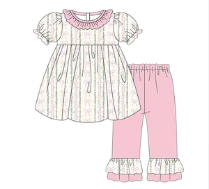 儿童服装批发 女童短袖罩衫连衣裙 蝴蝶结花卉印花儿童灯笼裤套装 荷叶边领女婴服装套装 - Product Image 2