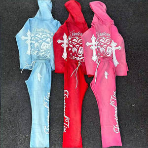 2025 survêtements empilés pour hommes de qualité supérieure pulls à capuche et pantalons de survêtement ensemble broderie personnalisée coton évasé survêtement pour hommes - Product Image 2