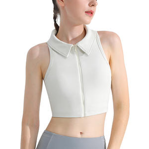 Top Corto con Cuello Polo y Cierre para Mujer, Top Deportivo Ajustado de Algodón Acordonado - Product Image 3