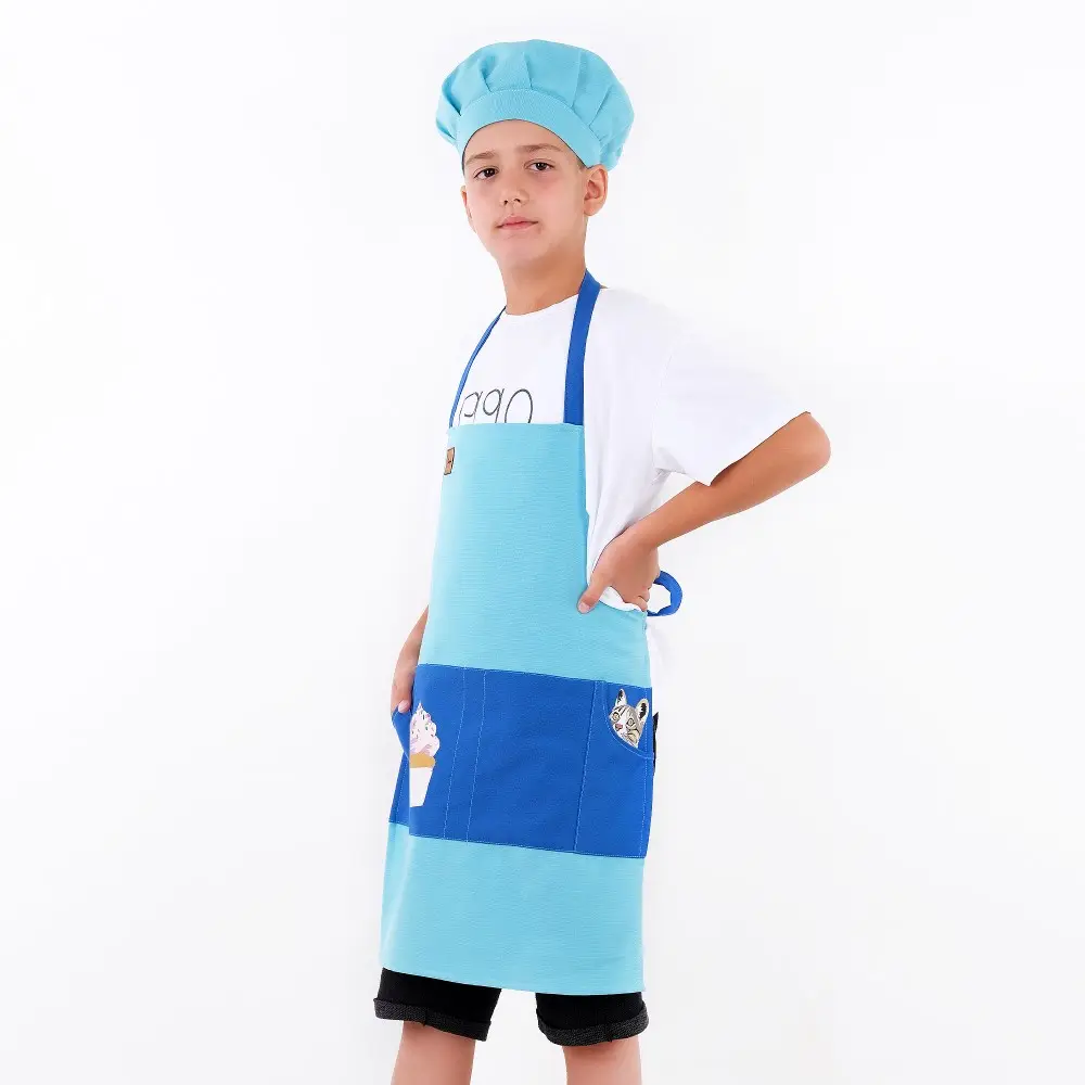 Kinder Küchen schürze Baumwolle Wasserdicht Langlebiger Stoff Niedliches Design Kinder koch Schürze Blau Set zum Kochen und Kunst