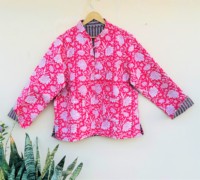 Jaket Wanita Rajutan Tangan Musim Dingin, Bahan Katun Cetak Bunga Vintage, Bolak-Balik, Cetak Blok India, Kancing Berdiri