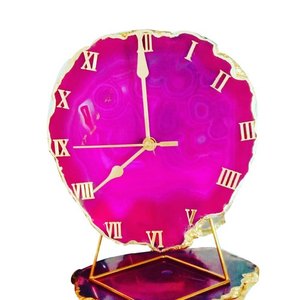 Incroyable horloge en agate rose avec support en métal doré, belles tranches de pierre d'agate rose, horloge murale de bureau moderne pour la décoration de la maison - Product Image 2