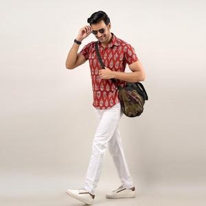 Men's Maroon Floral Striped Casual Shirt 100% Cotton Poplin Breathable Regular Fit Classic Summer ODM Denim Ethnic Shirt XL - Product Image 1