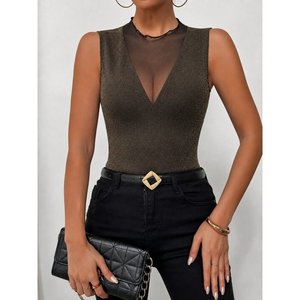 Women's Sleeveless Tulle Round Neck Deep V-Neck Glitter <b>Blouse</b>, 36063 - <b>Gold</b> - Product Image 1