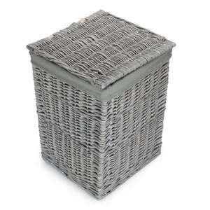 Double Tiers Grey Wash Square Willow Foldable Laundry <b>Basket</b> with Faux Leather Accents Grey Sage Liner for Cleaning Bathroom Use - Product Image 6