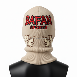 Balaclava pour femmes en tricot épais de qualité supérieure 300 GSM, tissu extensible beige avec motif de flamme brodé et logo personnalisé, balaclava pour femmes - Product Image 2