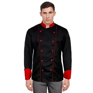 高档男女通用夹克厨师外套餐厅厨房厨师制服双排扣全袖法国袖口聚棉