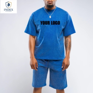 Conjunto de Camiseta de Cuello Redondo Azul para Hombre, Marca Index Apparel, Tejido de Algodón Transpirable, Estilo Casual de Verano, 2 Piezas, con Logotipo Estampado en la Parte Delantera - Product Image 1