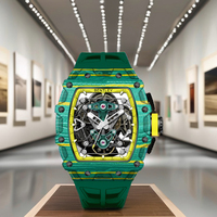 Montre mécanique automatique de luxe en fibre de carbone de haute qualité, entièrement verte, en silicone, avec verre saphir, analogique, double squelette