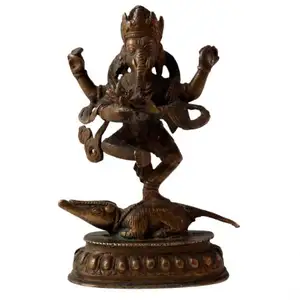 Indian Handmade Brass Antique Bronze Lord Ganesha Standing On A Mooshak Figurine Statue Home Decor Gift Items SND-603