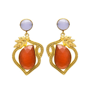 Pendientes colgantes de diseño en tono dorado con calcedonia lavanda y piedra preciosa Monalisa naranja, pendientes de latón para todos. - Product Image 1