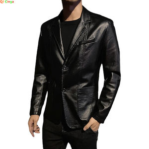 Wholesale Black <b>Men's</b> Synthetic Leather Winter Hooded Slim Turn-down Collar Business Casual Suit Jacket Patchwork Red Blue Khaki - Product Image 1